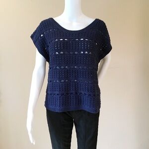 Wallace stitch crochet knit sweater top scoop neck in navy size s